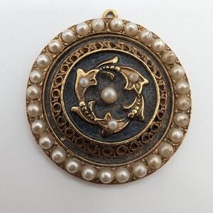Vintage Gold Tone Round Medallion Faux Pearl Filigree Statement Pendant Charm